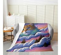 Manfei Couverture en flanelle avec motif chat 3D dégradé de nuages et ciel rêveur pour enfants, garçons, filles, adolescents, motif chaton mignon dessin animé, couverture polaire pour salon, bureau
