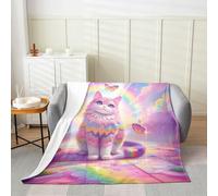 Manfei Couverture en flanelle avec motif chat mignon et arc-en-ciel coloré pour enfants, filles, adolescents, adorable chaton, couverture de lit pour lit simple B5, 152,4 x 203,2 cm