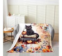 Manfei Couverture en flanelle motif chat noir mignon pour grand lit, aquarelle, feuilles de coquelicot, citrouille, pour enfants, adolescents, adultes, livres rétro, dessin animé, adorable chaton