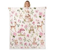 Manfei Couverture en flanelle motif lapin mignon, fleurs champignons kawaii, douce, chaude et légère pour enfants et adultes, animaux rustiques pour canapé ou lit, ensemble de literie beige et rose