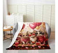 Manfei Couverture en flanelle pour lit simple 152,4 x 203,2 cm, motif chats mignons, ballons roses en forme de cœur pour enfants, filles, femmes, Saint-Valentin, romantique, adorable chaton