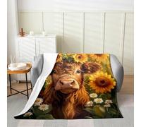 Manfei Couverture en flanelle rétro pour enfants, adolescents et adultes, motif vache des Highlands mignonne, tournesols jaunes, style rustique pour chambre à coucher, canapé, lit simple, 152,4 x