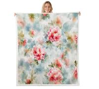 Manfei Couverture en polaire douce et respirante pour lit, canapé, chambre d'enfant, garçons et filles, motif pivoine teintée par nœuds, feuilles vertes, 228,6 x 228,6 cm