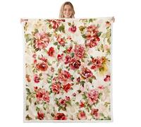 Manfei Couverture en polaire douce et respirante pour lit, canapé, chambre d'enfant, garçons et filles, motif pivoine rouge, feuilles vertes, 228,6 x 228,6 cm