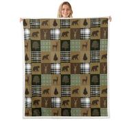 Manfei Couverture en polaire motif quadrillage pour lit simple 152,4 x 203,2 cm, motif patchwork rétro pour enfants, adolescents, adultes, pin, ours, cerf, silhouette de cerf pour pendaison de