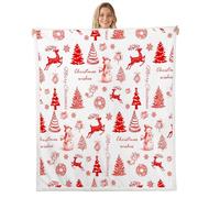 Manfei Couverture Merry Christmas pour enfants, pin, élan, cerf, bonhomme de neige, flocon de neige, festival d'hiver pour filles et garçons, couverture pelucheuse blanche et rouge, pour lit simple