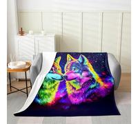 Manfei Couverture polaire en flanelle pour enfants, adolescents et adultes, motif loup dégradé coloré, arc-en-ciel, ciel étoilé, pour salon, canapé, lit simple, 152,4 x 203,2 cm