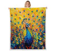 Manfei Couverture polaire style peinture à l'huile pour lit simple 152,4 x 203,2 cm, aquarelle, jaune, bleu, plumes de paon pour enfants, adolescents, adultes, animaux sauvages exotiques, bohème