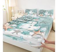 Manfei Drap-housse aquarelle bonhomme de neige pour très grand lit (sans plat), parure de lit 3 pièces, motif sapin de Noël, décoration de chambre pour filles, garçons, adultes, plage, étoiles de mer