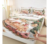 Manfei Drap-housse train de Noël pour très grand lit (sans plat), ensemble de literie 3 pièces en pain d'épices, décoration de chambre pour filles, garçons, adultes, housse de lit motif sapin de Noël