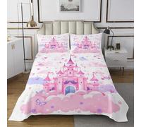 Manfei Dreamy Castle Parure de lit 2 pièces avec 1 taie d'oreiller pour chambre d'enfant et d'adolescent, motif château de fées, pour toutes les saisons, pour lit simple, rose violet et blanc