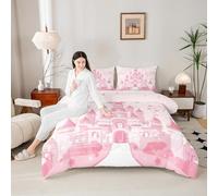 Manfei Dreamy Castle Parure de lit 3 pièces pour lit double Motif note de musique d'amour Thème conte de fées Rose