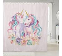 Manfei Ensemble de rideau de douche motif licorne rêveuse, rideau de salle de bain pour enfants, adolescents, femmes, motif licorne rose et bleue, rideaux imperméables de style princesse avec 12