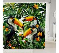 Manfei Ensemble de rideaux de douche toucan avec motif feuilles de palmier vertes pour enfants, décoration de stalles tropicales, rideaux de douche imperméables jaunes et verts, 182,9 x 213,4 cm