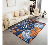 Manfei Happy Fall Tapis d'intérieur antidérapant et absorbant sur le thème de l'automne, motif citrouille, feuille d'érable, bleu et orange, 1,4 x 1,9 m (rectangulaire)