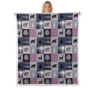 Manfei Jeté de lit rustique en polaire pour enfants, adolescents et adultes, motif quadrillage patchwork rétro, violet et gris, 127 x 152,4 cm, pour chambre à coucher, canapé
