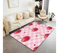 Manfei Joli tapis de sol d'intérieur motif cerises kawaii à carreaux roses pour décoration de chambre d'enfants, garçons et filles, tapis absorbant antidérapant sur le thème des fruits de dessin animé