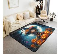 Manfei Jolie sorcière - Tapis d'intérieur antidérapant et absorbant sur le thème d'Halloween - Motif citrouille et lanterne - 1,4 x 1,9 m (rectangulaire)