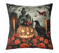 Manfei Lot de 1 housse de coussin d'Halloween pour décoration de chambre d'enfant, motif citrouille, lanterne, citrouille, rouge, corbeau, fleur rouge, 61 x 61 cm