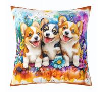 Manfei Lot de 1 housse de coussin double face pour décoration de chambre d'enfant, motif chiens corgi, adorables chiots - Pour décoration de chambre d'enfant, garçon, fille, motif fleurs aquarelles