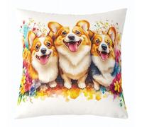 Manfei Lot de 1 housse de coussin double face pour décoration de chambre d'enfant, motif chiens corgi, jolis chiots - Décoration de chambre d'enfant, motif fleurs aquarelles, graffitis pour lit