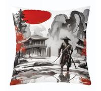Manfei Lot de 1 housse de coussin samouraï japonaise avec impression des deux côtés pour canapé, chaise, 40,6 x 40,6 cm, peinture à l'encre style montagne rouge soleil fleur de cerisier