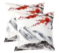 Manfei Lot de 2 housses de coussin carrées à motif de fleurs de cerisier rouge - Peinture à l'encre - Impression des deux côtés - Pour lit et canapé - Style art chinois - 61 x 61 cm