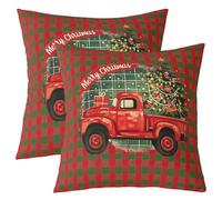 Manfei Lot de 2 housses de coussin de Noël pour enfants, housse de coussin motif géométrique à carreaux double face, motif de pin et flocon de neige, décoration d'intérieur, vert et rouge, 61 x 61 cm