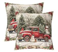 Manfei Lot de 2 housses de coussin de Noël pour enfants, motif camion de pin, bonhomme de neige, flocon de neige, fleur de poinsettia cardinal, décoration d'intérieur, rouge et vert, 61 x 61 cm