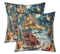 Manfei Lot de 2 housses de coussin de Noël pour enfants, motif cerf, pin, flocon de neige, étoile et château de lune, décoration d'intérieur, bleu rêveur, 61 x 61 cm
