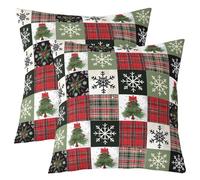 Manfei Lot de 2 housses de coussin double face avec motif d'arbre de Noël et nœud papillon pour enfants, flocon de neige et poinsettia, rayures géométriques, patchwork, décoration d'intérieur, vert