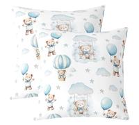 Manfei Lot de 2 housses de coussin double face avec motif d'ours de dessin animé pour enfants, motif nuage et montgolfière, étoile de conte de fées, décoration d'intérieur, bleu et blanc, 45,7 x 45,7