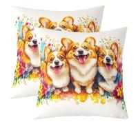 Manfei Lot de 2 housses de coussin double face pour décoration de chambre d'enfant, motif chiens corgi, jolis chiots - Pour décoration de chambre d'enfant, garçons et filles, motif fleurs aquarelles