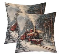 Manfei Lot de 2 housses de coussin rétro de Noël pour enfants, flocon de neige, pin, campagne, locomotive à vapeur, décoration d'intérieur, gris, 45,7 x 45,7 cm