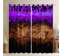 Manfei Lot de 2 rideaux de fenêtre à motif de mineur à grille de pixels, rideaux de fenêtre à motif géométrique à motif de grille, marron, noir, violet, décoration de chambre d'enfants, garçons et