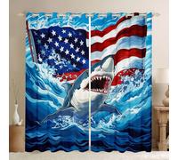 Manfei Lot de 2 rideaux de fenêtre à motif de requin bleu - Motif drapeau américain - Imprimé animal marin - Décoration de chambre d'enfant - Pour garçons et filles - 117 x 137 cm