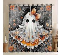 Manfei Lot de 2 rideaux de fenêtre à motif fantôme mignon et nœud orange à imprimé floral, décoration de fenêtre sur le thème d'Halloween, décoration de chambre d'enfants, garçons et filles, rideaux