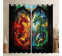 Manfei Lot de 2 rideaux de fenêtre dragons rouges et verts, traitement de fenêtre en patchwork géométrique, décoration de chambre d'enfant et de fille, rideaux à œillets pour chambre à coucher, 117 x