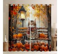 Manfei Lot de 2 rideaux de fenêtre Hello Fall - Motif chat mignon citrouilles et feuilles d'érable - Décoration de chambre d'enfant - 117 x 137 cm