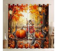 Manfei Lot de 2 rideaux de fenêtre Hello Fall - Motif chat mignon et citrouilles d'automne - Traitement de fenêtre sur le thème de la récolte d'automne - Décoration de chambre d'enfant - Rideaux à