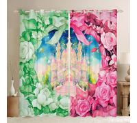 Manfei Lot de 2 rideaux de fenêtre princesse château rêveur dessin animé, fleurs vertes et roses, décoration de chambre d'enfants, garçons et filles, rideaux de chambre à coucher, 167,6 x 228,6 cm (l