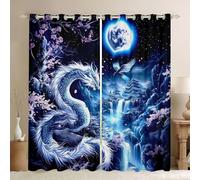 Manfei Lot de 2 rideaux de fenêtre sur le thème des animaux mythologiques - Motif dragon chinois - Rose et bleu marine - Décoration de chambre d'enfant - Rideaux à œillets - 117 x 137 cm