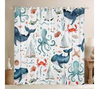 Manfei Lot de 2 rideaux de fenêtre vie marine, pieuvre, baleine, crabe, étoile de mer, décoration de fenêtre de bateau à voile sur le thème nautique, décoration de chambre d'enfant, garçons et filles