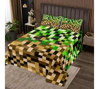 Manfei Miner Games - Parure de lit douce 3 pièces, couvre-lit matelassé moderne à carreaux géométriques avec 2 taies d'oreiller, décoration de chambre d'enfant et de garçon, vert et marron