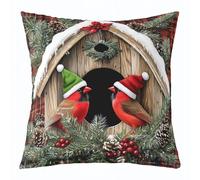 Manfei Northern Cardinal Lot de 1 housse de coussin décorative avec chapeau de Noël, oiseau, pomme de pin et pomme de pin, rouge et noir, pour décoration de salon, canapé, lit, 55,9 cm de long x 55,9