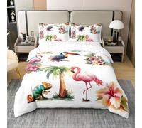 Manfei Parure de lit 2 pièces 100 % coton avec housse de couette motif flamants roses tropicaux, fleurs aquarelles, cocotier, oiseaux, animaux sauvages, blanc, rose, vert, chambre d'enfant, lit simple