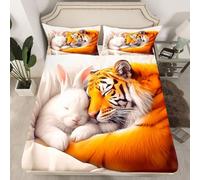 Manfei Parure de lit 2 pièces à thème romantique avec 1 taie d'oreiller, motif lapin et tigre, décoration de chambre d'enfants, garçons et filles, literie douce (sans plat)
