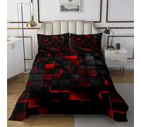 Manfei Parure de lit 2 pièces avec 1 taie d'oreiller - Couvre-lit carré 3D pour enfants et adolescents - Couvre-lit matelassé moderne en nid d'abeille doux et respirant pour lit simple - Rouge fluo et