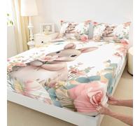 Manfei Parure de lit 2 pièces avec 1 taie d'oreiller, motif lapin, aquarelle, fleurs, feuilles, œufs, pour décoration de chambre d'enfant, garçons et filles, literie douce (sans plat)