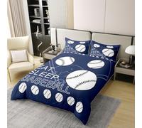 Manfei Parure de lit 2 pièces avec housse de couette 100 % coton pour lit simple, motif baseball Eat Sleep Baseball bleu marine, housse de couette sur le thème des jeux sportifs, décoration de chambre